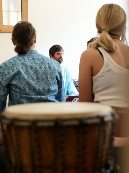 The djembe drum, waiting to add its rhythm to our kirtan. Music is a universal language that helps us express the bhakti bhav, the feeling of devotion, that words alone cannot capture.