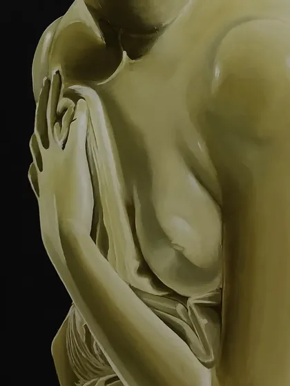 A detail shot of the finished painting, focusing on the delicate hand and the texture of the drapery.
