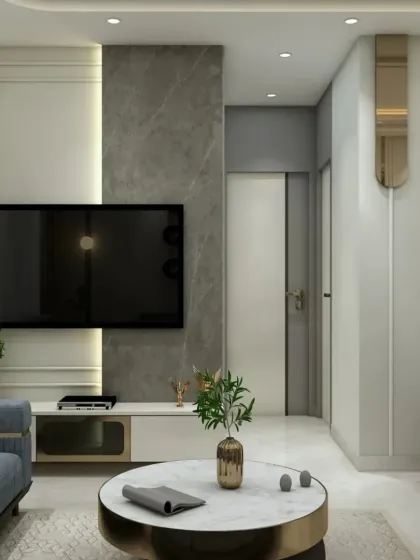 A closer look at the TV unit and entryway, showcasing the clean lines and modern aesthetic. The use of marble, mirrors, and subtle lighting creates a feeling of spaciousness and luxury.