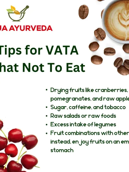 Balancing Vata starts with mindful eating. This visual guide shows common trigger foods to avoid, like raw apples and caffeine, to help maintain harmony and grounded energy.