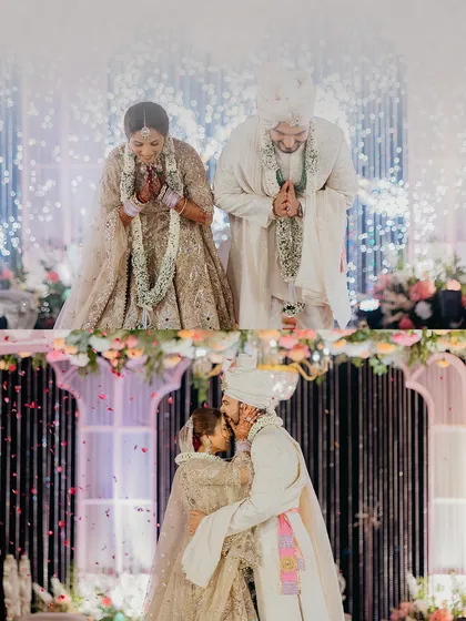 A collage of poignant moments from the wedding ceremony, from seeking blessings to a sweet kiss, capturing the emotional arc of the event.
