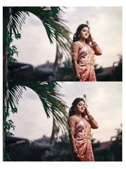 A pair of portraits of the bride posing elegantly in her reception saree, set against a dusky sky and palm trees.