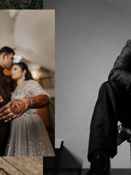 A stylish black and white collage that focuses on the groom's portraits and the bride's intricate henna design.