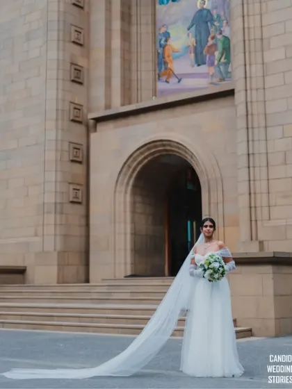 A breathtaking portrait of the bride in her magnificent white gown with a long, flowing veil, standing before the grand church, a truly epic wedding photograph.