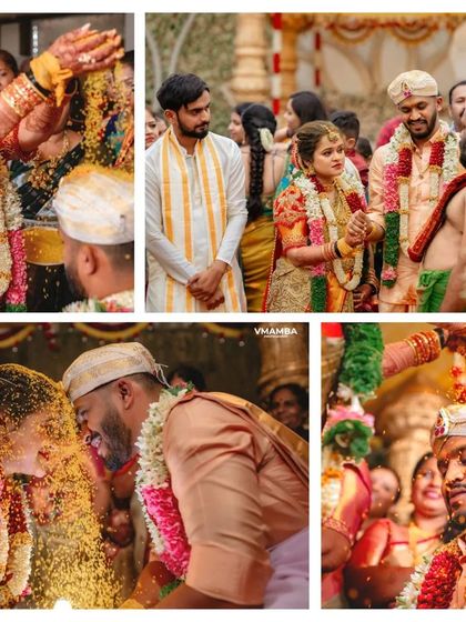 A collage showing different key moments from a South Indian wedding, from the Kanyadaanam to the Talambralu. We document the entire story of your wedding day.