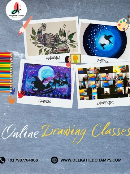 A collage showcasing the variety of art created in our online drawing classes. Students learn different styles, from intricate Mandala art and shading techniques to vibrant pastel and landscape pieces.