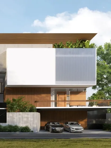 A duplicate of image 118, this visualization of the 'House of Reddys' shows the clean, modern lines of the carport and the interplay between solid white volumes and semi-transparent fluted screens.