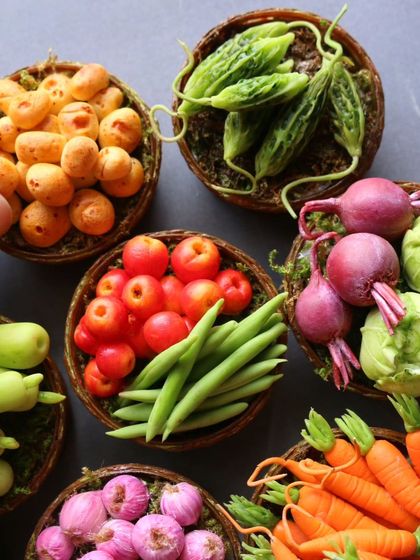 A collection of my miniature vegetable baskets, showing the variety of produce I can create.