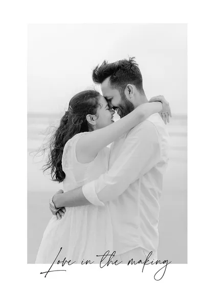 A classic and timeless black and white portrait. The close-up on the couple's embrace, with the simple "Love in the making" text, is pure romance.
