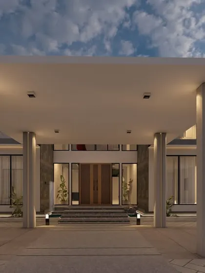 The grand entrance portico of "Zen Oasis." Supported by minimalist columns, this feature provides a sense of arrival and sets the tone for the modern luxury within.
