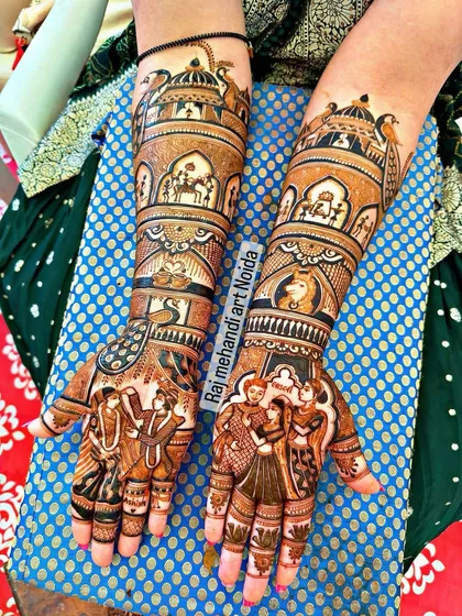 Your wedding story, told through henna. This design captures multiple ceremonies, including the varmala and family portraits on the palms, with a detailed doli scene on the forearms, making it a true narrative masterpiece.