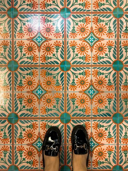 I have a thing for beautiful floors, and the tiles at Rose Cafe are gorgeous. This "from where I stand" shot is a great way to show off a cool design detail and my personal style.
