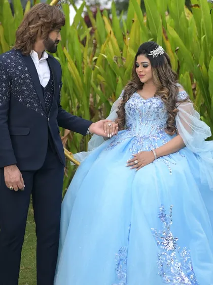 A fairytale moment for this beautiful mom-to-be. Dressed in a stunning blue gown, her makeup is kept soft and glamorous to complement the dreamy, romantic feel of her maternity shoot.