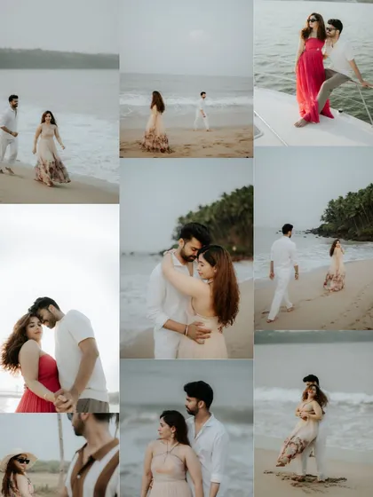 A comprehensive collage from a Goa pre-wedding shoot, showing multiple scenes. It includes moments on the beach, on a yacht, and intimate embraces, showcasing the full variety of a destination session.