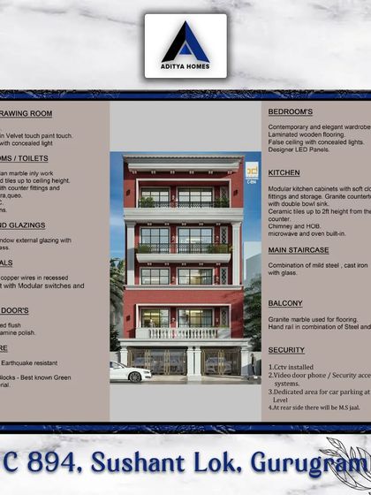 A list of the specifications for project C-894, highlighting features like Italian marble, contemporary wardrobes, a modular kitchen with hob and chimney, and a mild steel and cast iron staircase.