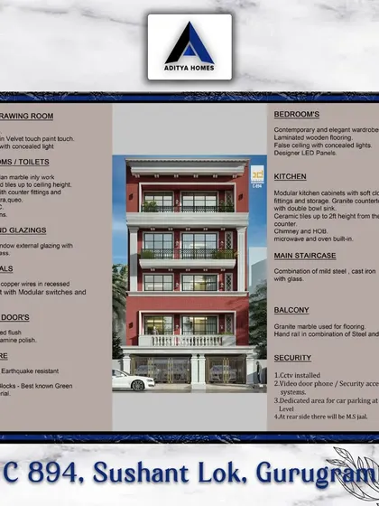A list of the specifications for project C-894, highlighting features like Italian marble, contemporary wardrobes, a modular kitchen with hob and chimney, and a mild steel and cast iron staircase.