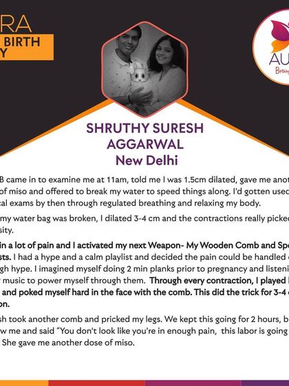 After her water was broken, Shruthy activated her next weapon: a wooden comb and a Spotify playlist. She used the comb technique to manage the intensity as her labor progressed.