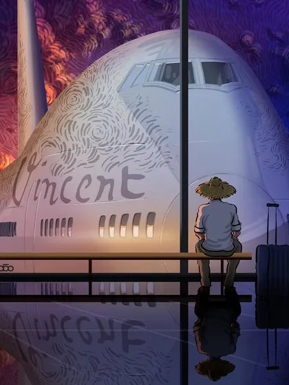 A modern scene of departure and reflection. Vincent waits in an airport lounge, his luggage beside him, looking out at a massive airplane bearing his name. It’s a piece about journeys, legacy, and the bittersweet mix of joy and sorrow that airports represent.
