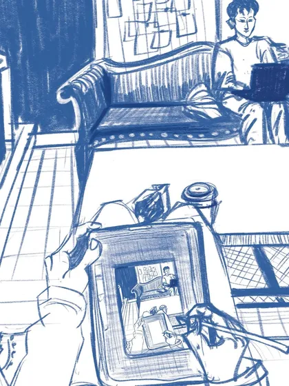 An interesting "Droste effect" sketch, where I am drawing myself drawing the scene in front of me. A fun, meta-commentary on the act of urban sketching.