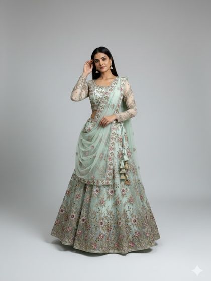 A beautiful full-length shot of the pastel mint green lehenga. The long-sleeved, sheer blouse and pre-draped dupatta offer a contemporary and chic silhouette.