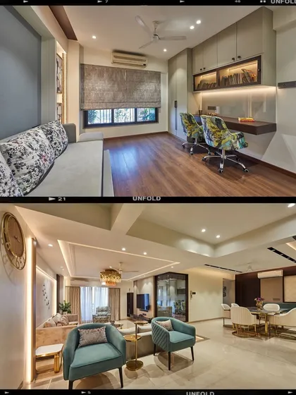 This collage showcases two distinct spaces within one home. The top frame shows a functional home office with a custom desk and vibrant chairs, while the bottom frame displays the elegant living and dining area.
