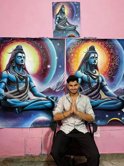 Here I am with two commissioned Mahadev paintings, one large and one small. It is an honor to create these pieces for fellow devotees. Om Namah Shivay.