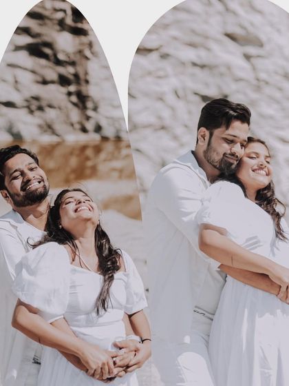 A collage of a couple in white outfits, sharing joyful and affectionate moments at a scenic quarry.