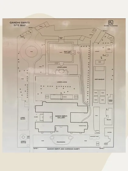 The site map of the Gandhi Smriti complex. A map like this is a document in itself, revealing the planned journey for a visitor and the hierarchy of spaces within the memorial, from the gallery to the Martyr's Column.
