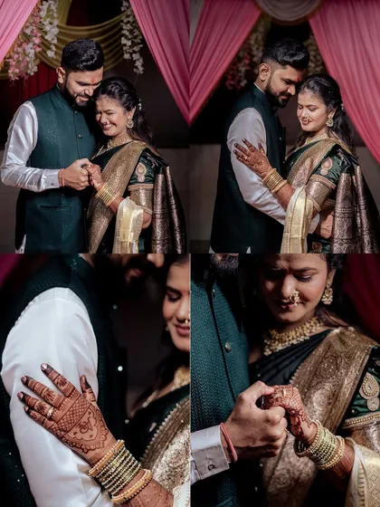 A collection of four intimate portraits from an engagement party, focusing on the couple's hands, loving embraces, and happy expressions.