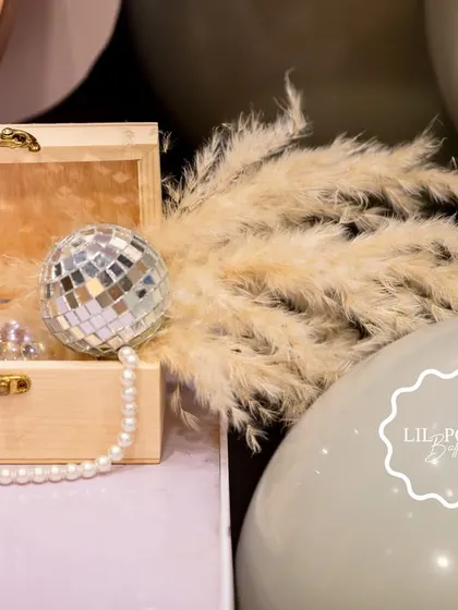 A treasure chest detail from the mermaid party, filled with pearls and a disco ball for a touch of sparkle.