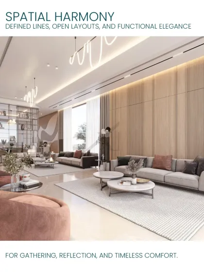 We designed this expansive living area to achieve spatial harmony. The open layout, defined by clean lines, wood-paneled walls, and custom lighting, creates distinct zones for gathering and reflection while maintaining a feeling of boundless comfort.