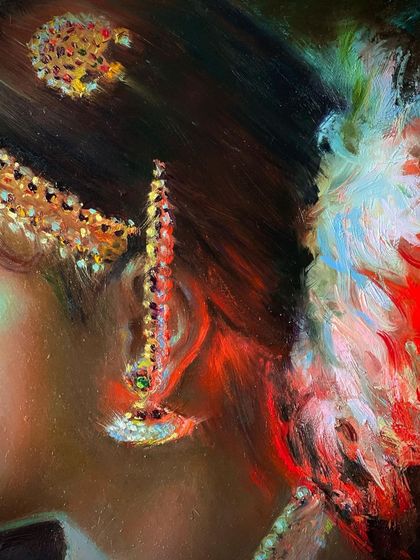 A detail shot of the intricate jewelry and hair in the oil painting "Adornment." This highlights the incredible level of detail that can be achieved with patience and skill.