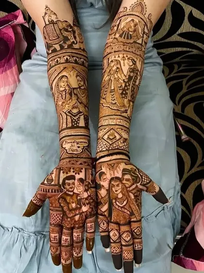 This intricate design tells a complete family and wedding story. It includes portraits of the couple with their family, scenes from the wedding ceremony on the forearms, and auspicious swastika symbols.