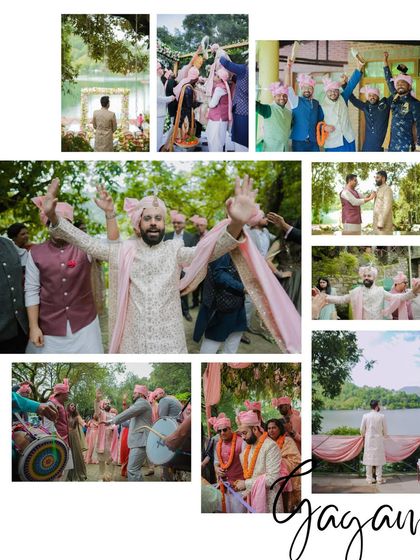 A collage celebrating the groom, Gagan. It captures his energetic baraat entrance, dancing with friends, and quiet moments of anticipation.