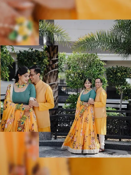 A collage of a couple in colorful Haldi outfits, posing together in a garden, capturing the bright and happy mood of the ceremony.