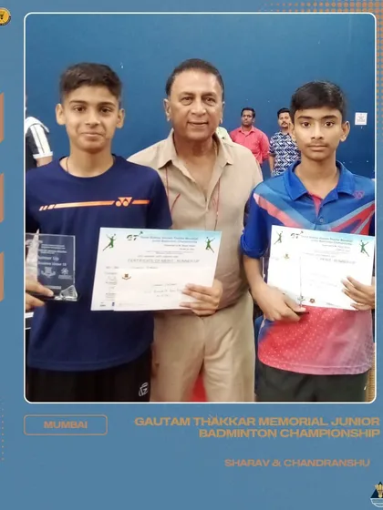 Our junior players Sharav and Chandranshu being felicitated by cricket legend Sunil Gavaskar at the Gautam Thakkar Memorial Junior Championship.