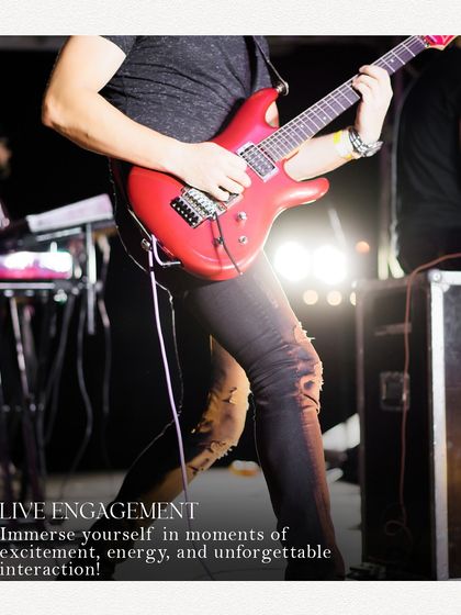 A guitarist rocks the stage, representing the live engagement and high-energy moments at our festivals. We believe in creating an immersive experience with live music.