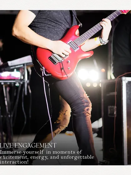 A guitarist rocks the stage, representing the live engagement and high-energy moments at our festivals. We believe in creating an immersive experience with live music.