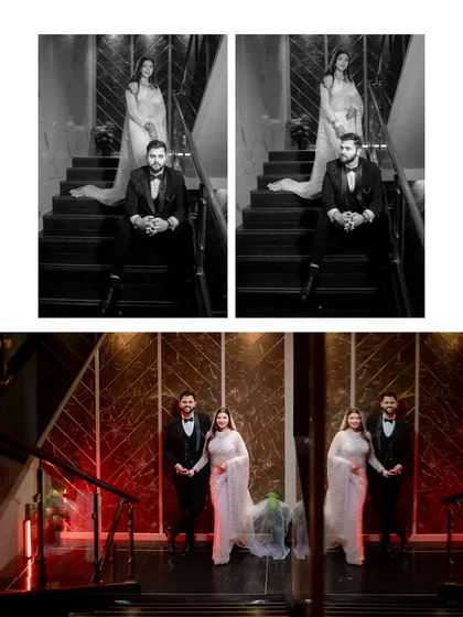 A full-length couple portrait collage using both color and black and white. The grand staircase and dramatic lighting add a touch of architectural elegance to their photos.