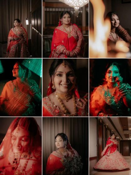 A nine-panel collage showcasing a variety of Shalini's bridal portraits, from classic poses to creative, colorful shots.