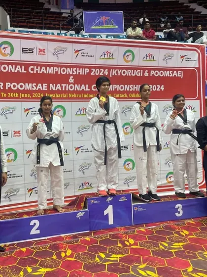 The winners' podium at the Junior National Championship in Odisha, with our silver medalist Vanshika Singhal representing our academy with pride.