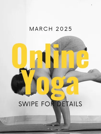 An online class announcement featuring a student in Bakasana (Crow Pose). This shows that arm balances are a key part of what we learn, even online.