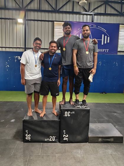 The scaled men's podium at the "Kings and Queens Throwdown." These events are for everyone, with categories that allow athletes of all levels to compete.