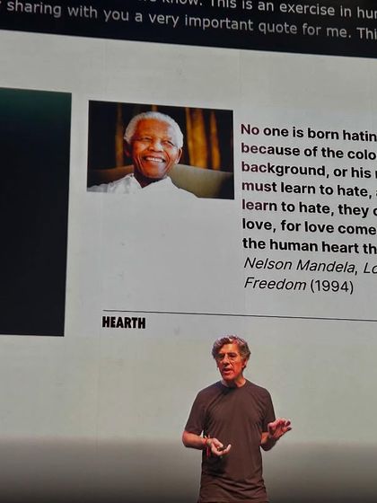 A series of images and graphics from the Hearth Summit, showcasing speakers, panel discussions, and the core mission of the global wellbeing project.