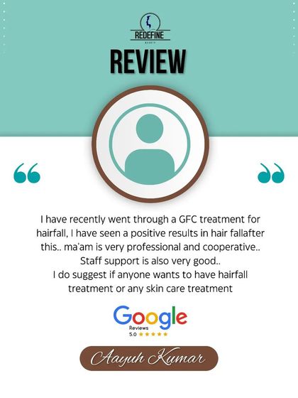 A happy client, Aayush Kumar, shared his positive experience on Google after his GFC treatment for hair fall. He highlights the professional and cooperative nature of our team, which is something we take great pride in.