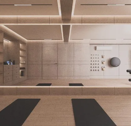 We believe wellness should be integrated into the home. This modern home gym, designed for a residential project, features clean lines, ample storage, and integrated lighting to create a motivating and serene workout environment.