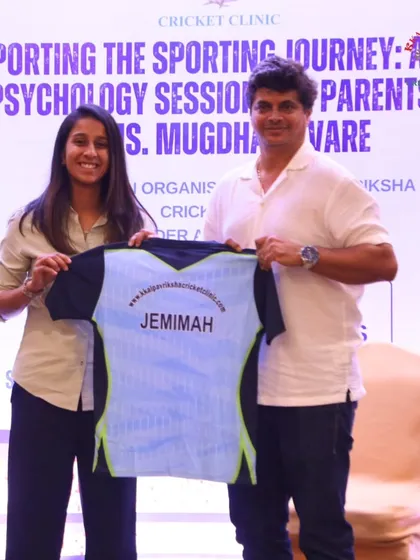 Presenting a jersey to Indian cricketer Jemimah Rodrigues at our parent's psychology event. Her presence and insights were invaluable for all the parents and young players in attendance.