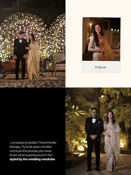 A lookbook collage of Prakriti's reception look, with her advice to other brides: "Treat this like therapy. Be open-minded and trust the process."