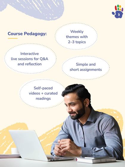 We believe in learning that is interactive and applied. This image explains our course pedagogy, which combines self-paced videos and readings with interactive live sessions and simple assignments to help you integrate knowledge into practice.