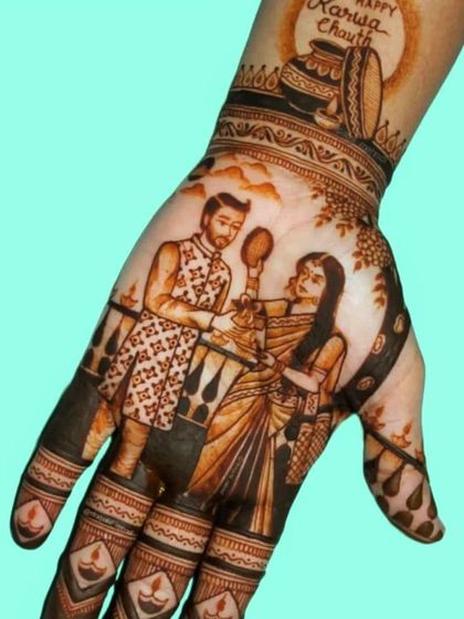 A romantic Karwa Chauth portrait design. This artwork captures the moment a husband helps his wife break her fast, set against a balcony scene.